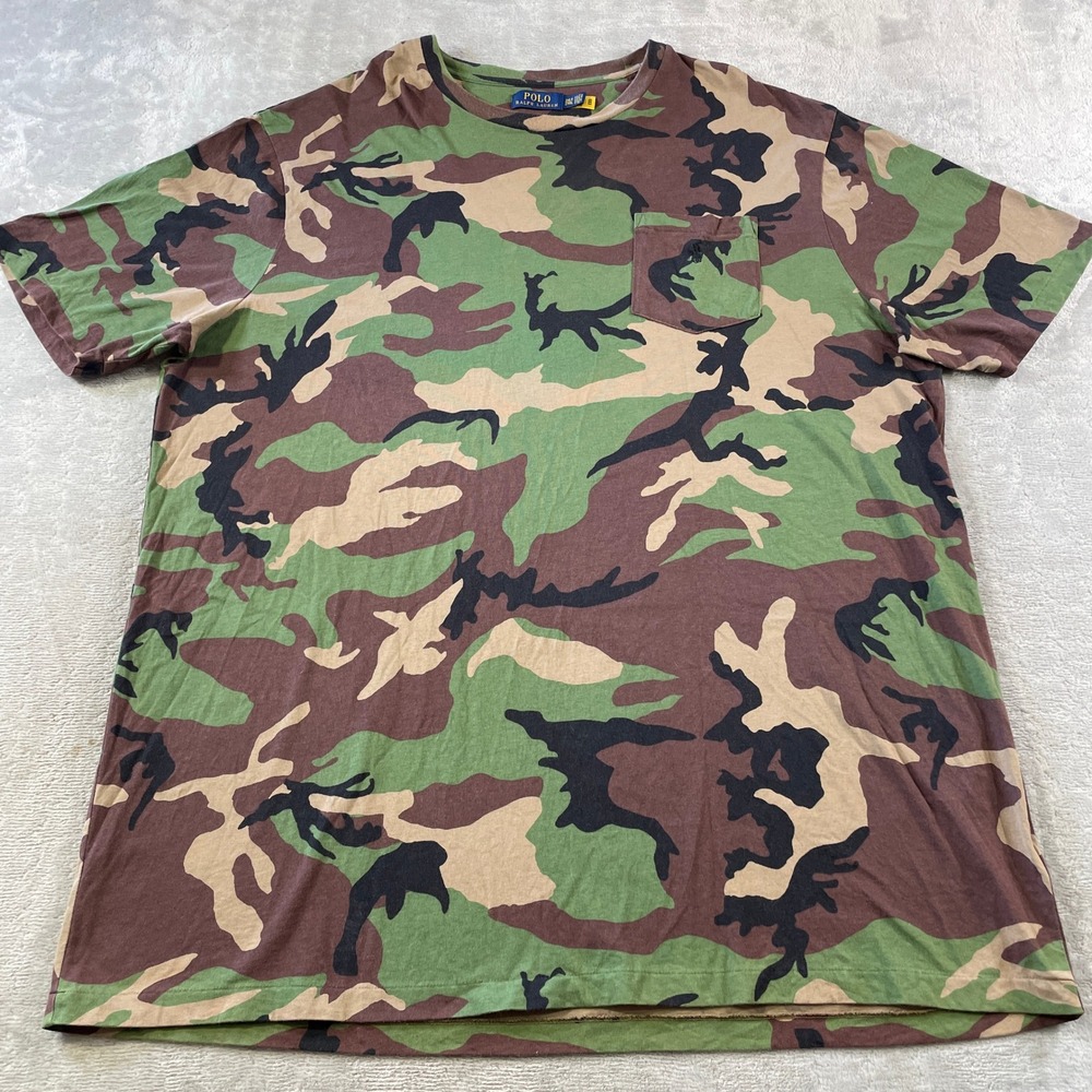 Polo Ralph Lauren T Shirt Mens 2XLT Camo Green Pocket Crew Neck Preppy Casual